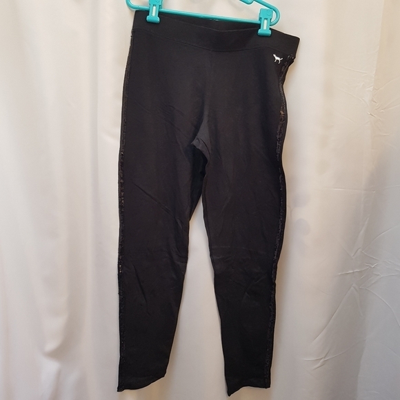 Victoria's Secret women's large black leggings sequin stripe down leg - Picture 1 of 4